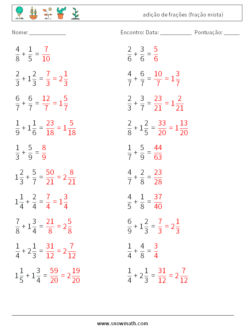 (20) adição de frações (fração mista) planilhas matemáticas 10 Pergunta, Resposta