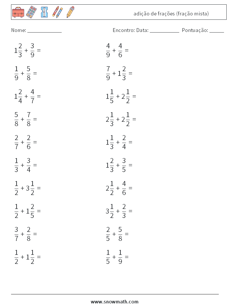 (20) adição de frações (fração mista) planilhas matemáticas 11