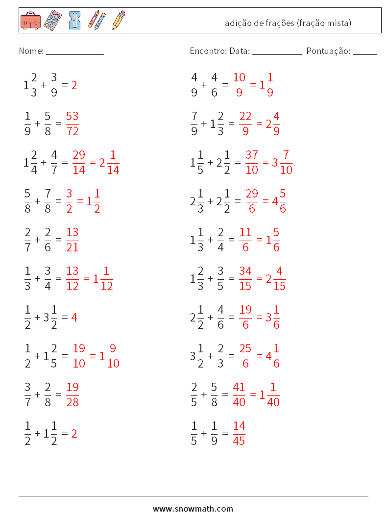 (20) adição de frações (fração mista) planilhas matemáticas 11 Pergunta, Resposta