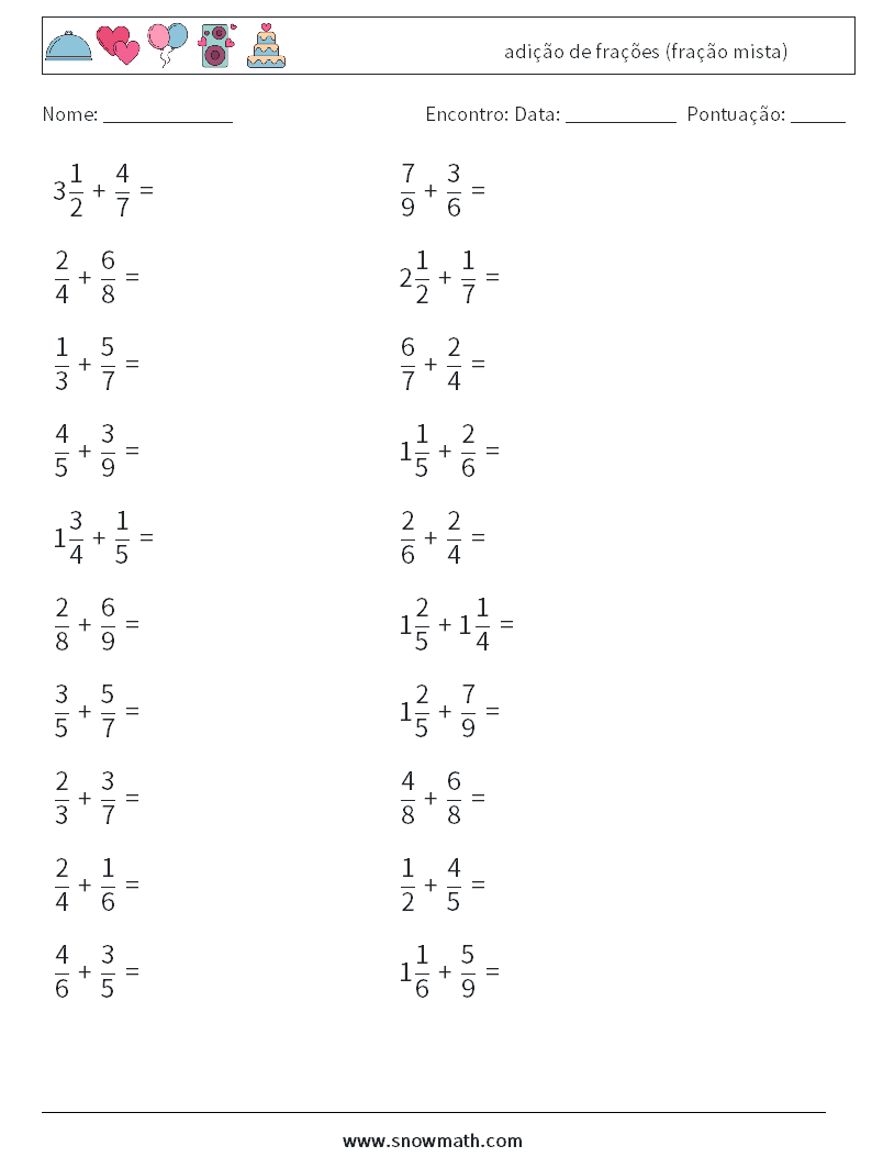 (20) adição de frações (fração mista) planilhas matemáticas 12