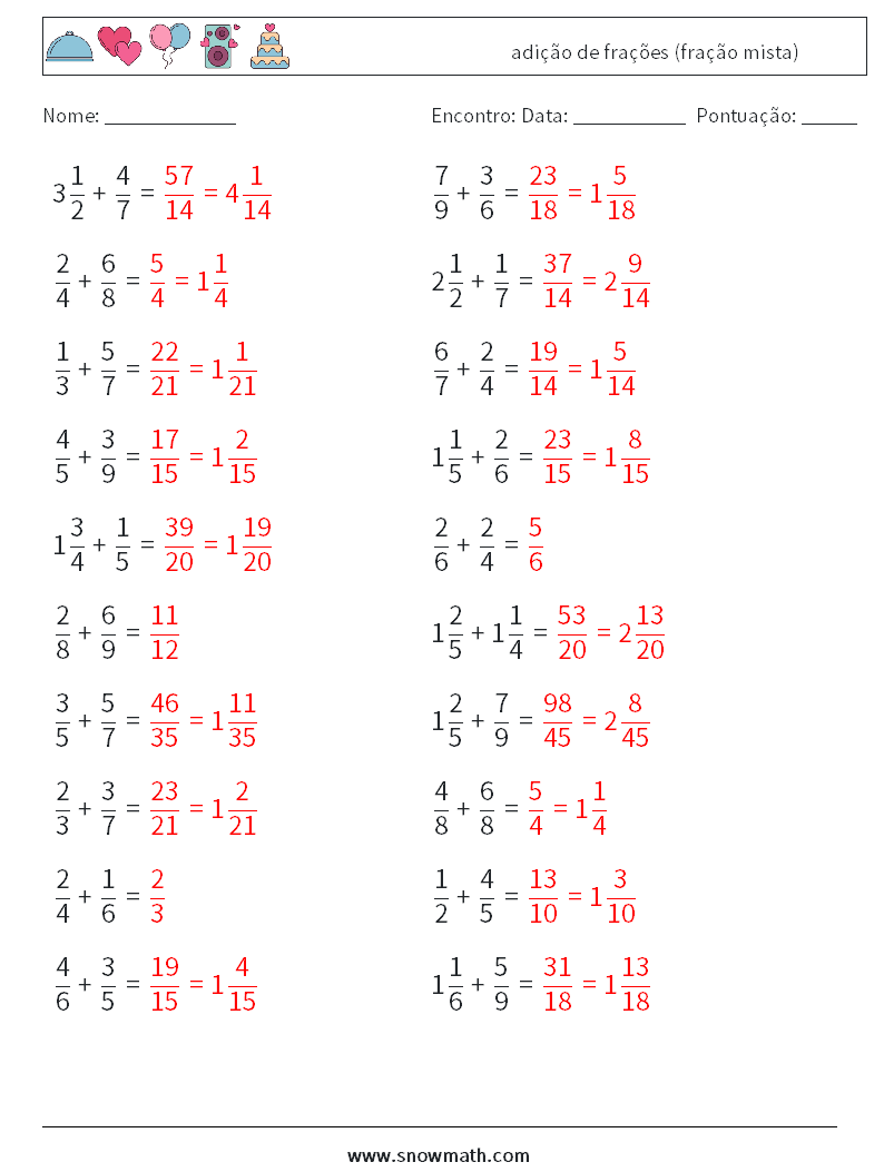 (20) adição de frações (fração mista) planilhas matemáticas 12 Pergunta, Resposta