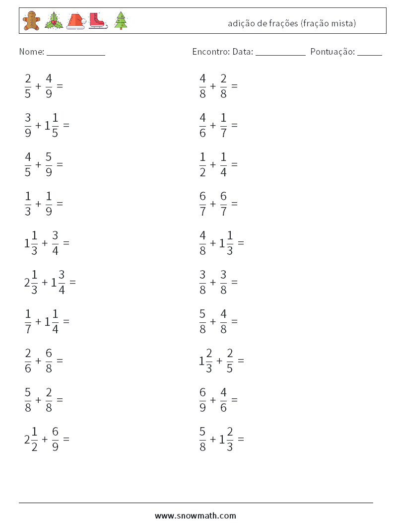 (20) adição de frações (fração mista) planilhas matemáticas 13