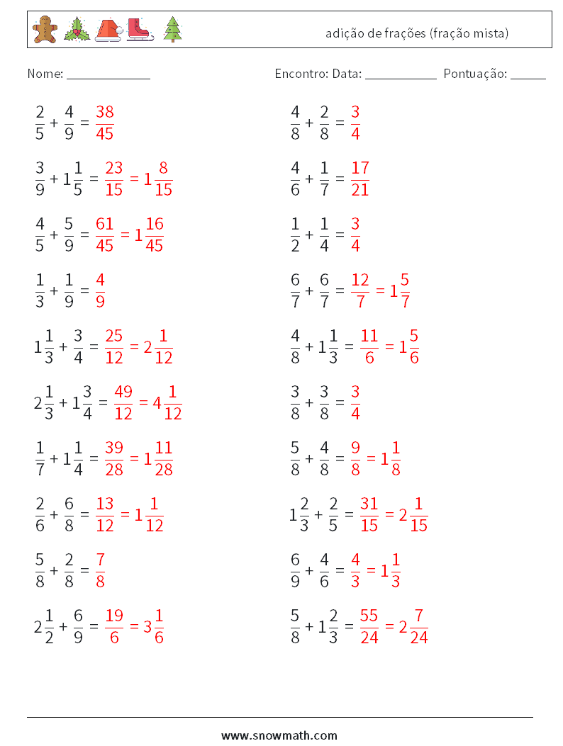 (20) adição de frações (fração mista) planilhas matemáticas 13 Pergunta, Resposta