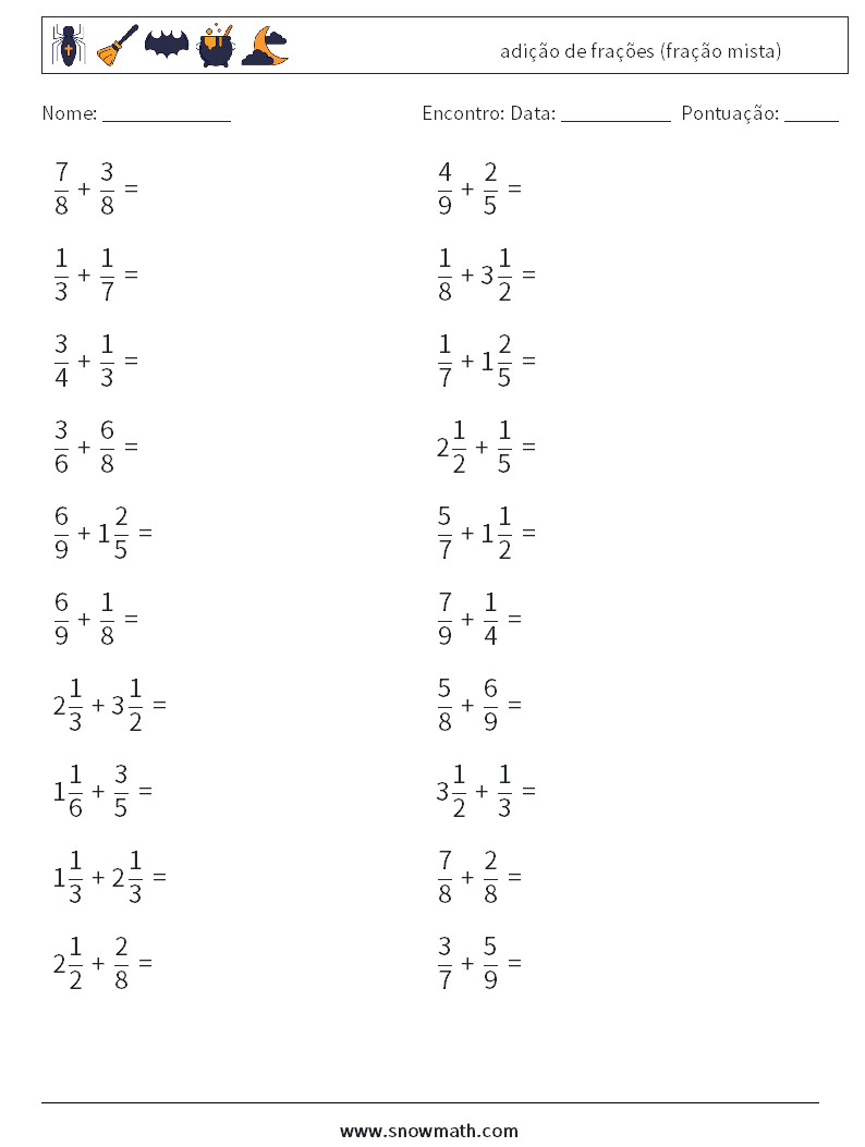 (20) adição de frações (fração mista) planilhas matemáticas 14