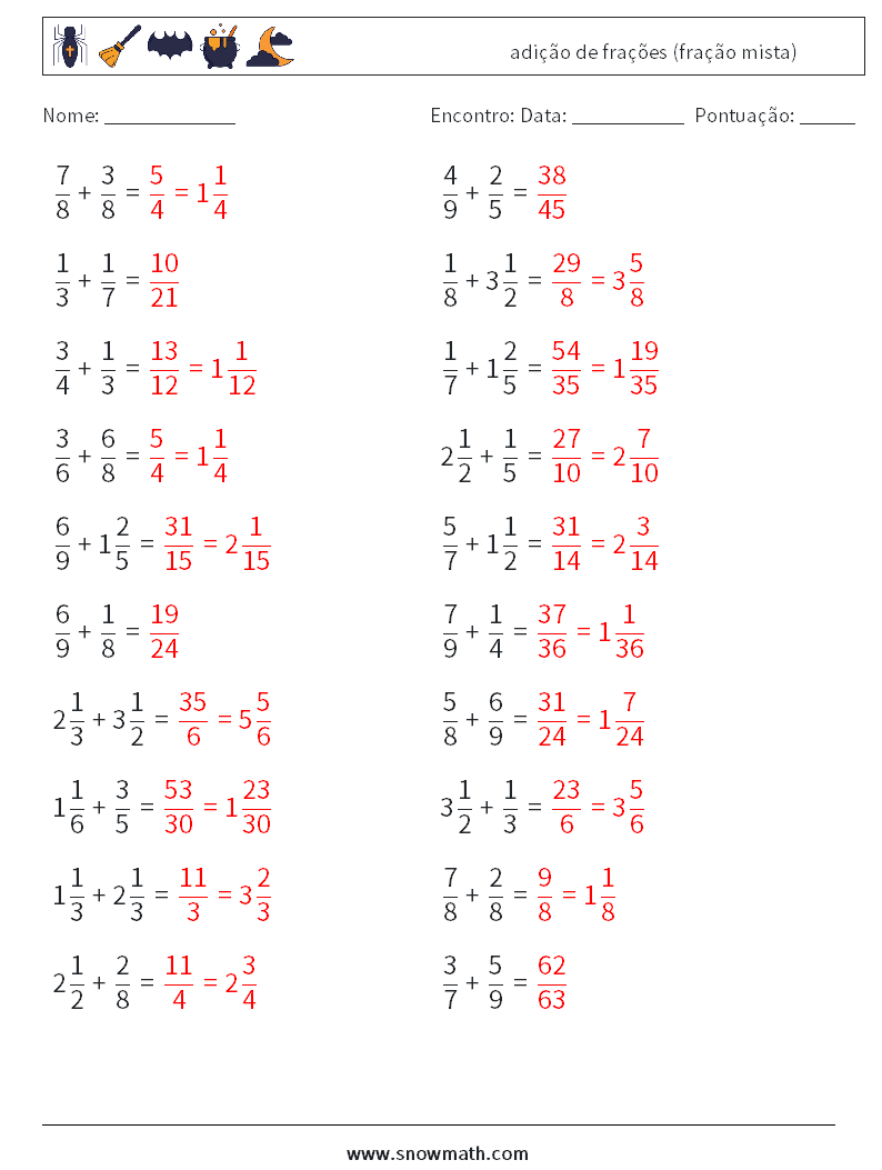(20) adição de frações (fração mista) planilhas matemáticas 14 Pergunta, Resposta