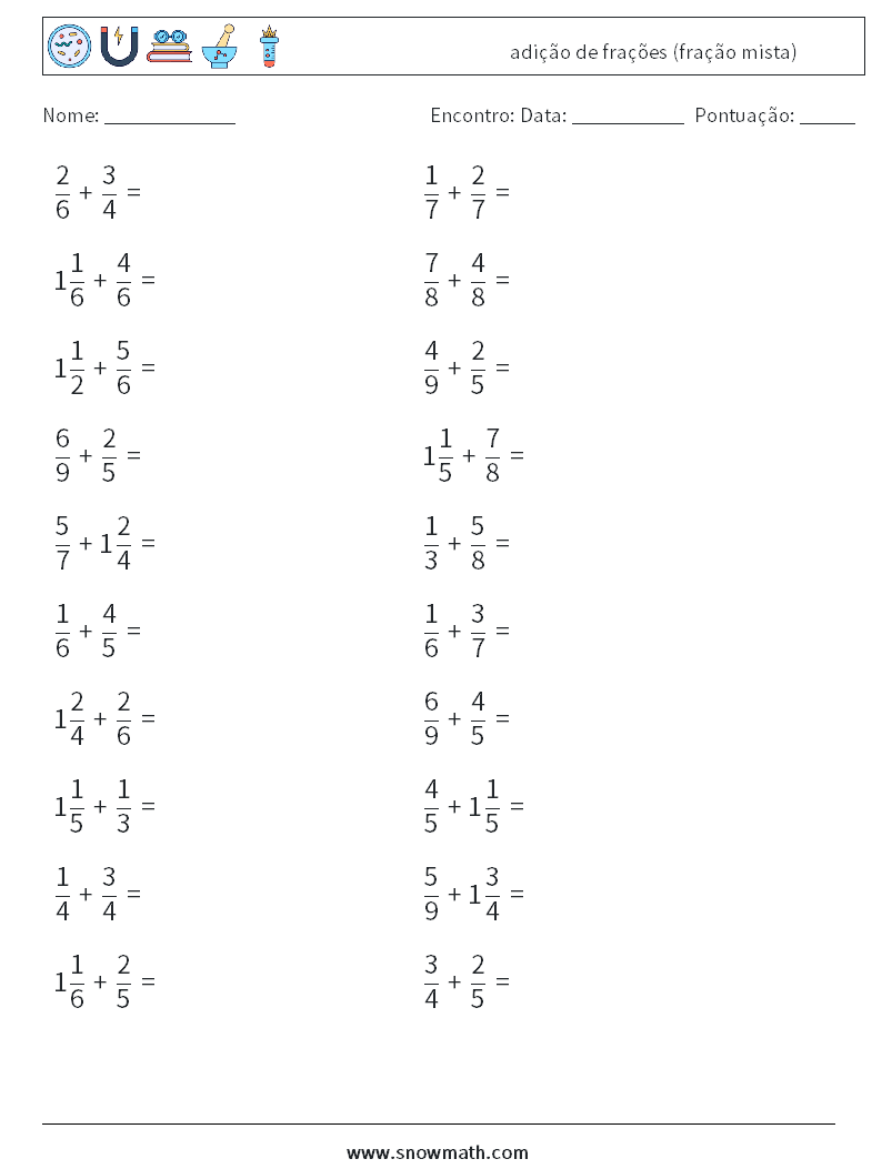 (20) adição de frações (fração mista) planilhas matemáticas 15