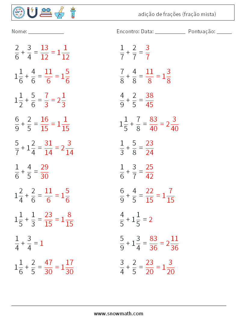 (20) adição de frações (fração mista) planilhas matemáticas 15 Pergunta, Resposta