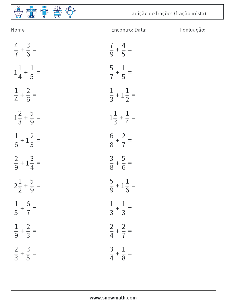 (20) adição de frações (fração mista) planilhas matemáticas 16