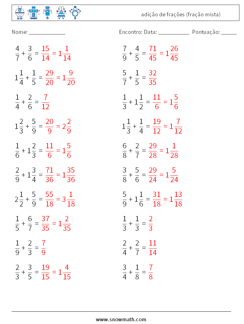 (20) adição de frações (fração mista) planilhas matemáticas 16 Pergunta, Resposta