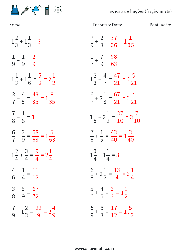 (20) adição de frações (fração mista) planilhas matemáticas 17 Pergunta, Resposta