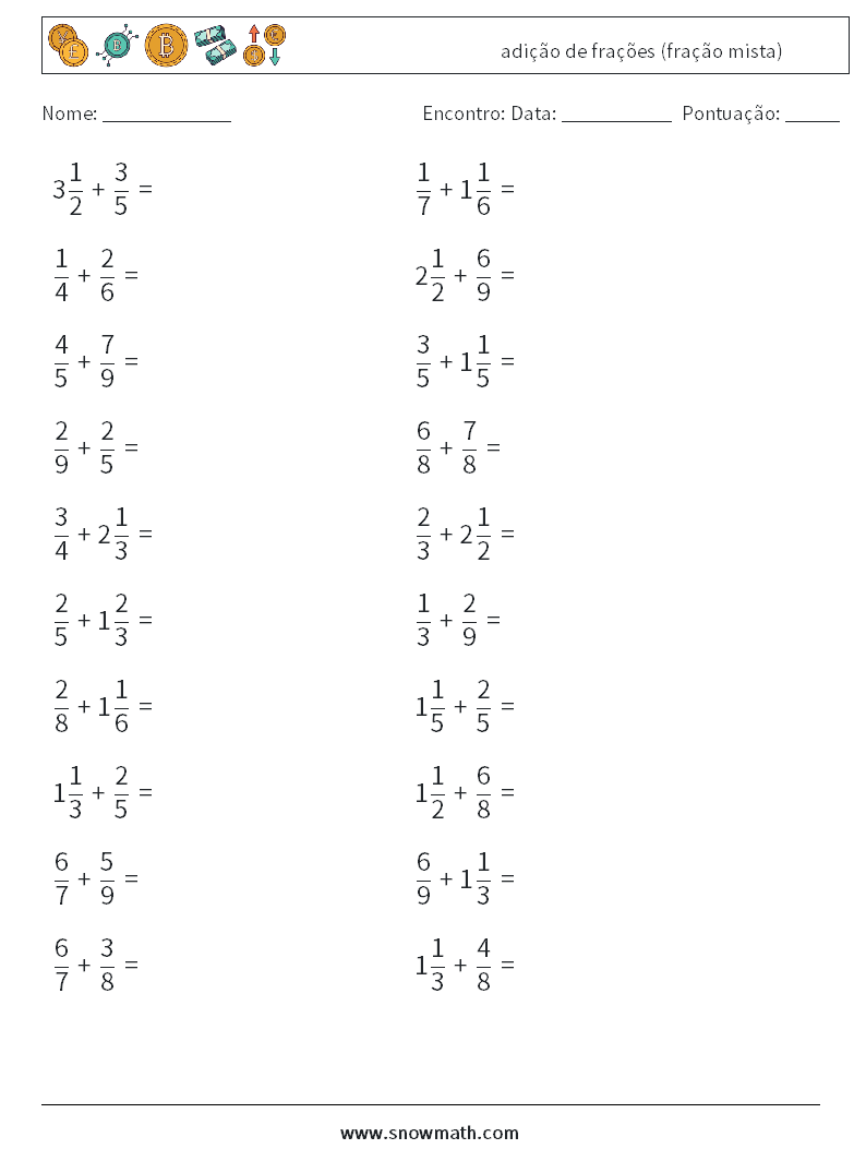 (20) adição de frações (fração mista) planilhas matemáticas 18