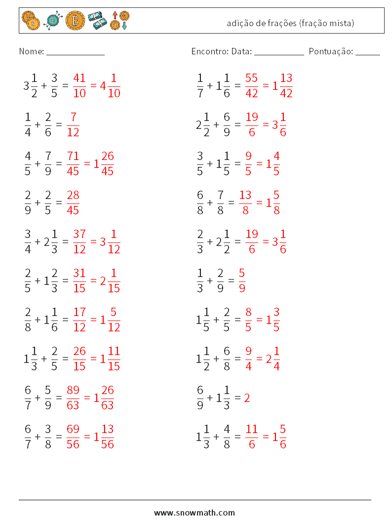 (20) adição de frações (fração mista) planilhas matemáticas 18 Pergunta, Resposta