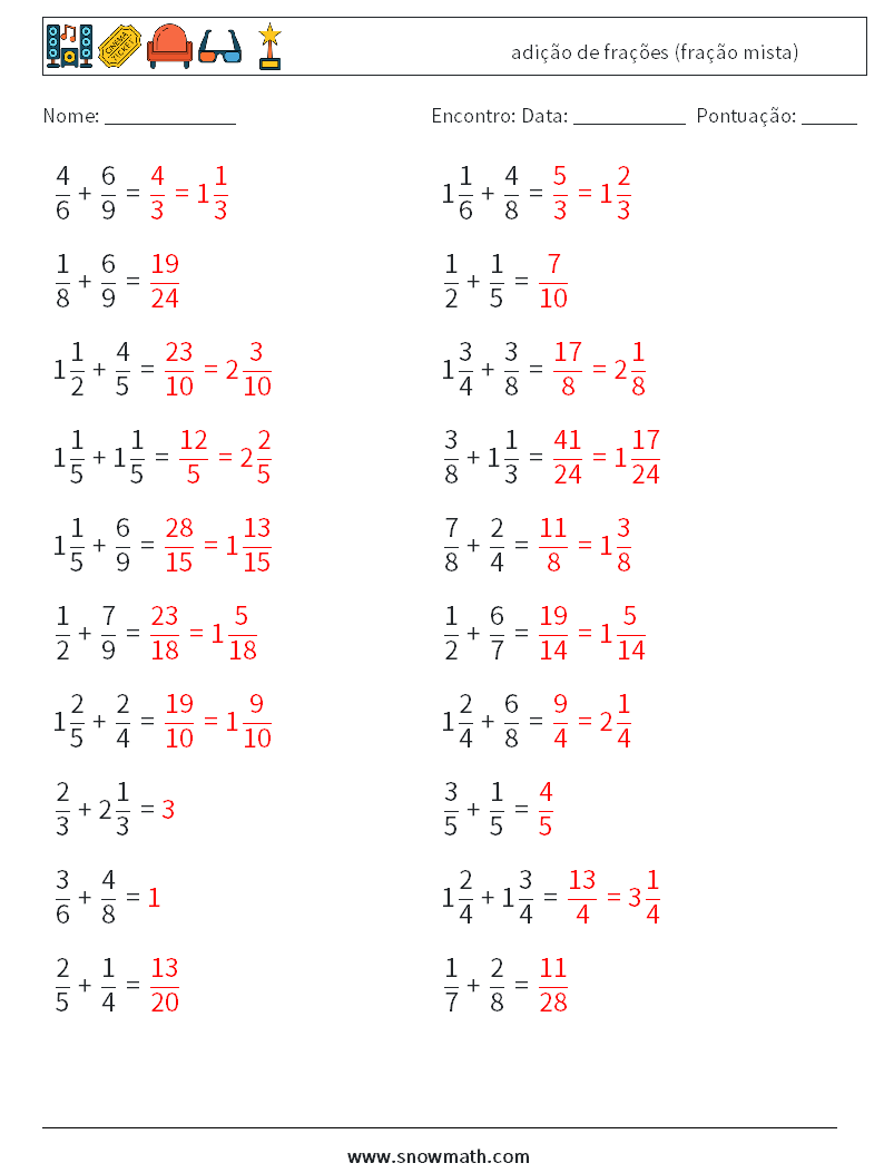 (20) adição de frações (fração mista) planilhas matemáticas 1 Pergunta, Resposta