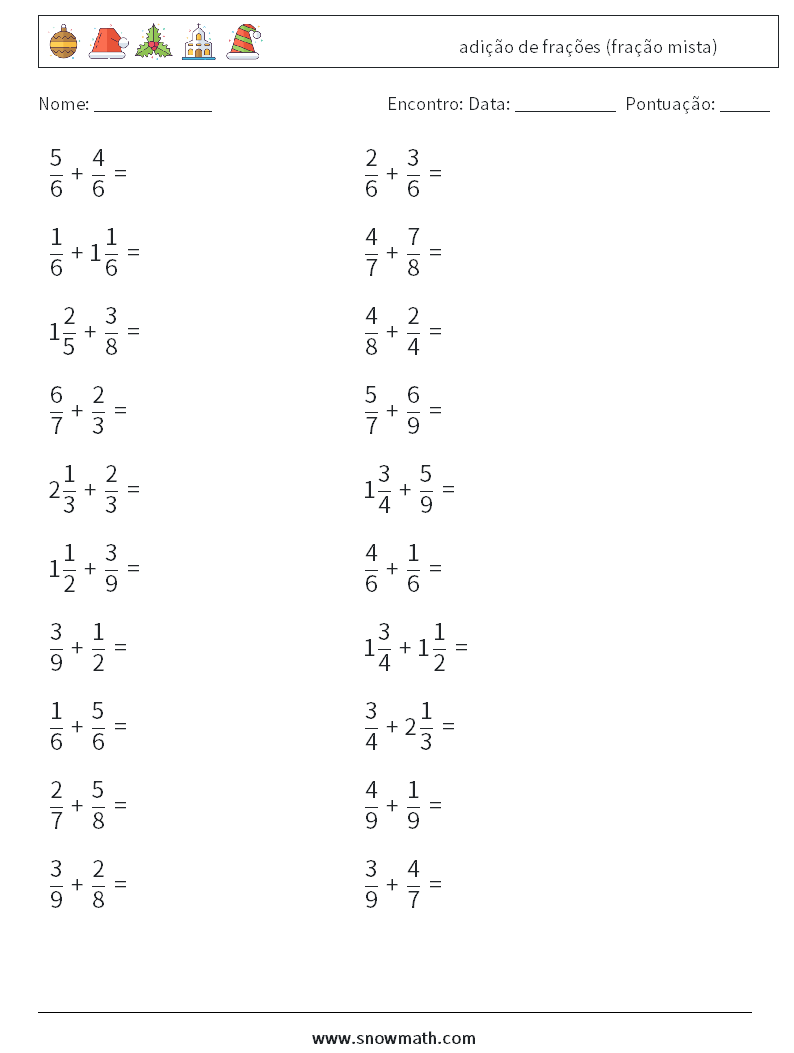 (20) adição de frações (fração mista) planilhas matemáticas 2