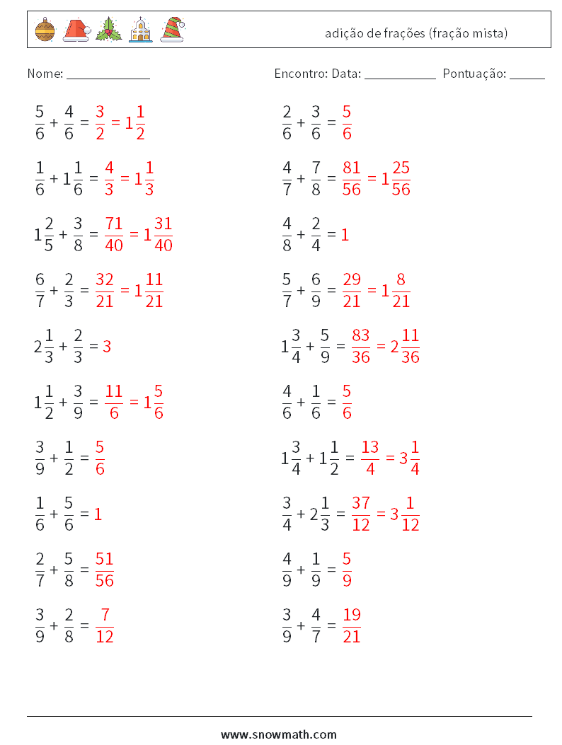(20) adição de frações (fração mista) planilhas matemáticas 2 Pergunta, Resposta