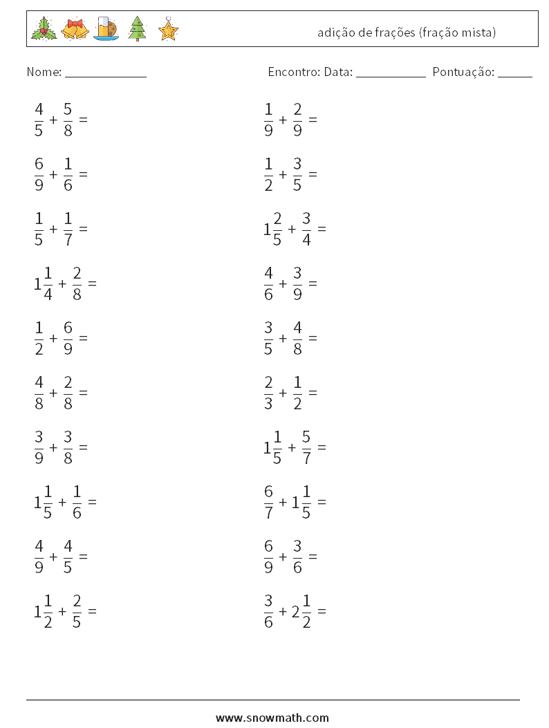(20) adição de frações (fração mista) planilhas matemáticas 3