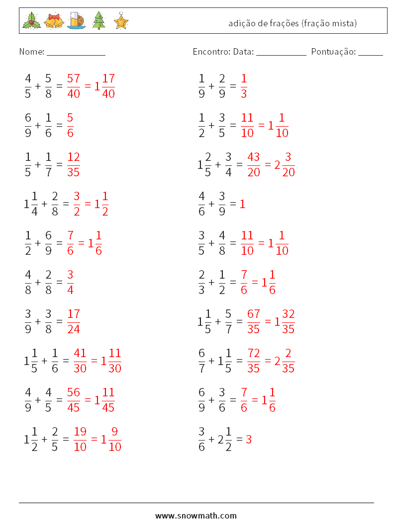 (20) adição de frações (fração mista) planilhas matemáticas 3 Pergunta, Resposta