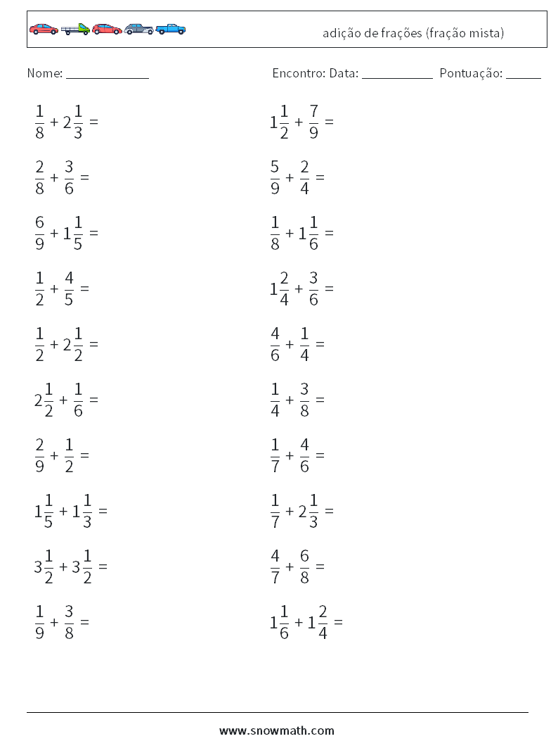 (20) adição de frações (fração mista) planilhas matemáticas 4
