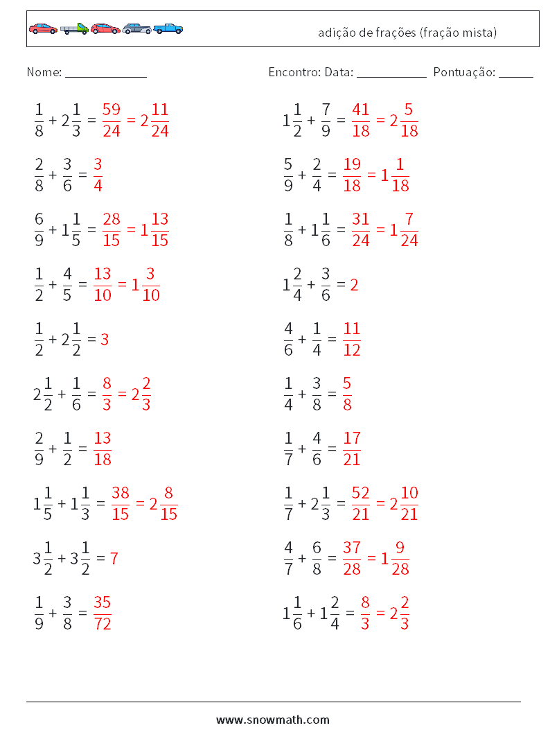 (20) adição de frações (fração mista) planilhas matemáticas 4 Pergunta, Resposta