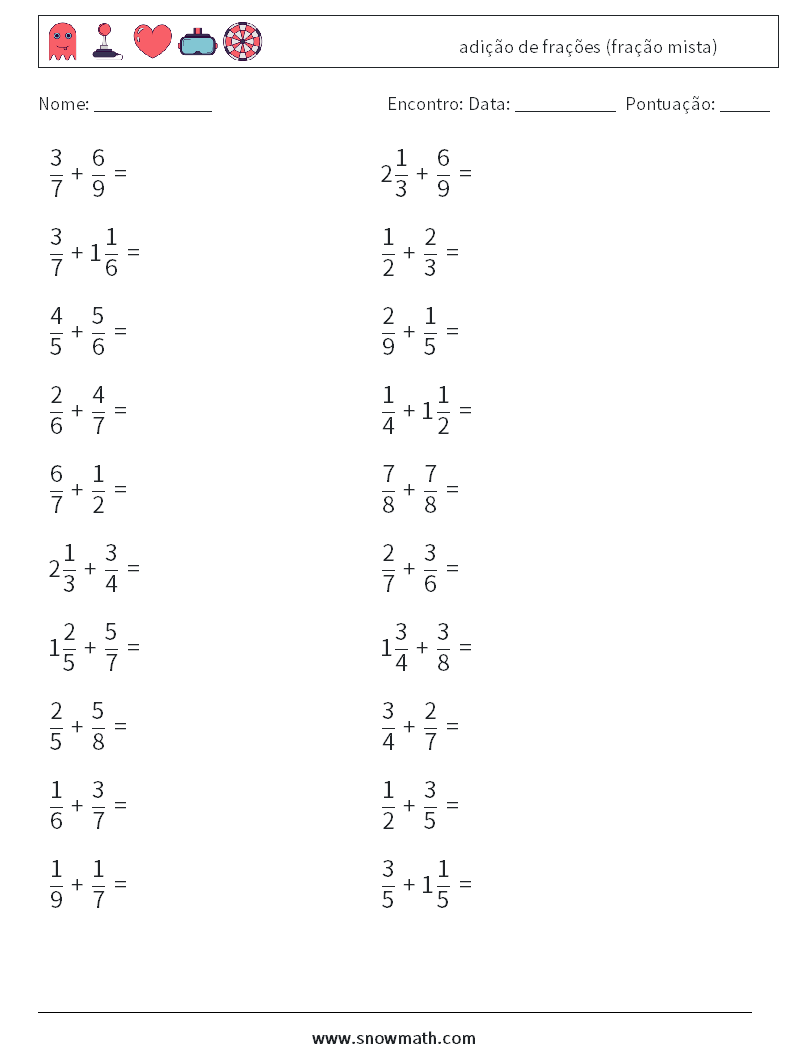 (20) adição de frações (fração mista) planilhas matemáticas 5