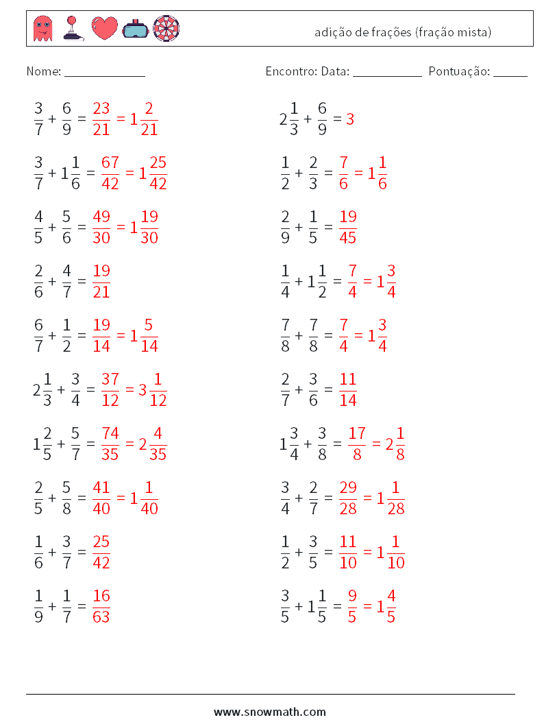 (20) adição de frações (fração mista) planilhas matemáticas 5 Pergunta, Resposta