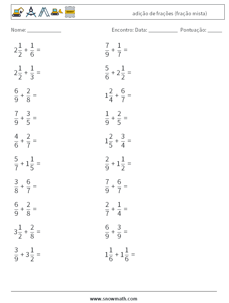 (20) adição de frações (fração mista) planilhas matemáticas 6