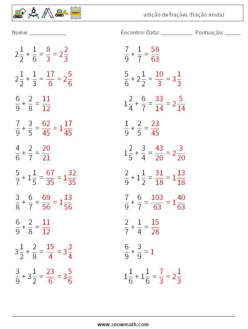(20) adição de frações (fração mista) planilhas matemáticas 6 Pergunta, Resposta