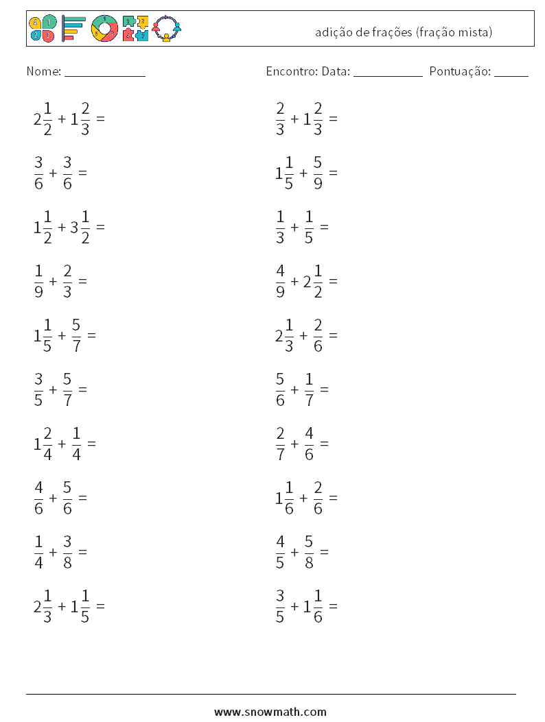 (20) adição de frações (fração mista) planilhas matemáticas 7