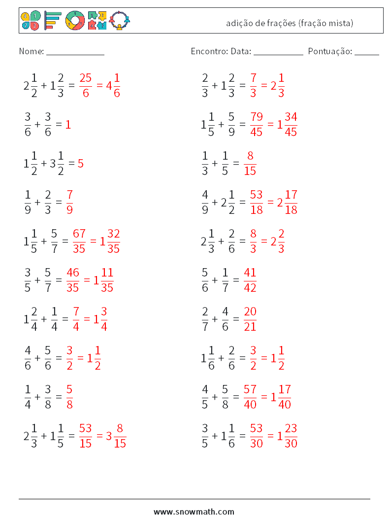(20) adição de frações (fração mista) planilhas matemáticas 7 Pergunta, Resposta