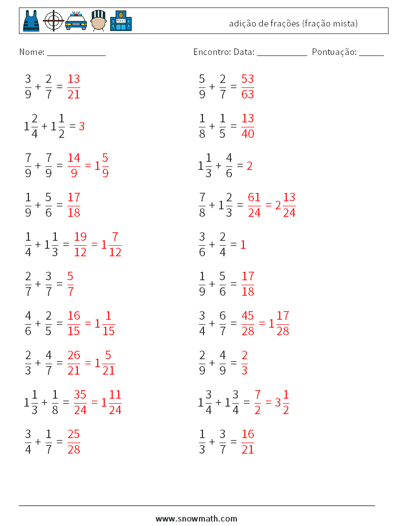 (20) adição de frações (fração mista) planilhas matemáticas 8 Pergunta, Resposta