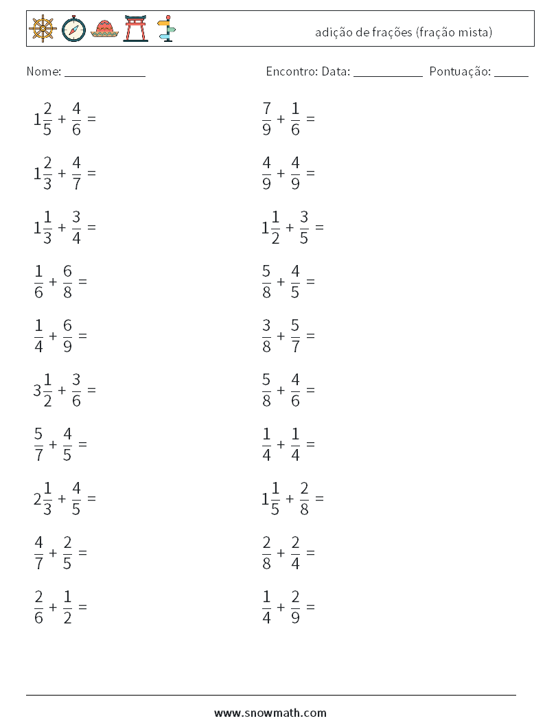 (20) adição de frações (fração mista) planilhas matemáticas 9