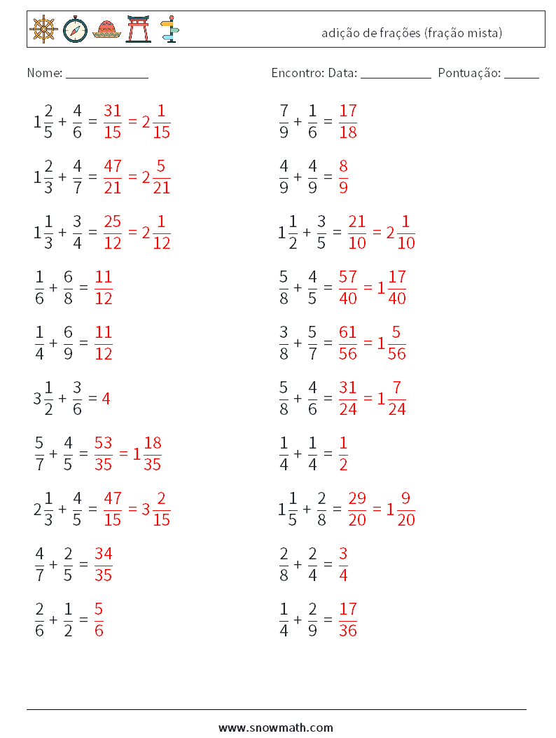 (20) adição de frações (fração mista) planilhas matemáticas 9 Pergunta, Resposta