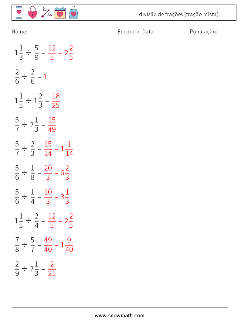 (10) divisão de frações (fração mista) planilhas matemáticas 11 Pergunta, Resposta