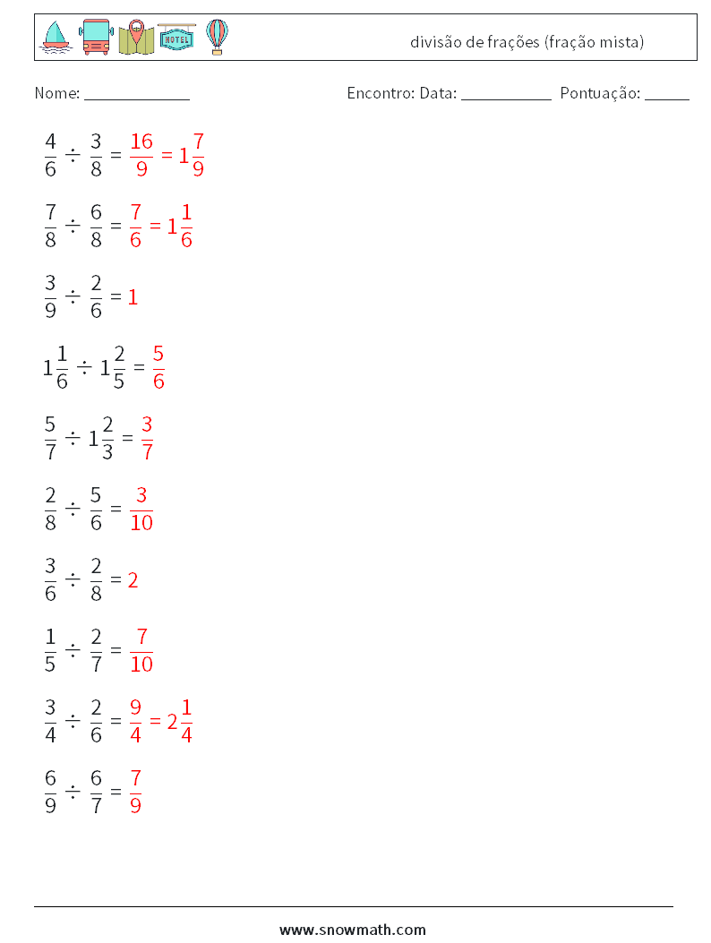 (10) divisão de frações (fração mista) planilhas matemáticas 13 Pergunta, Resposta