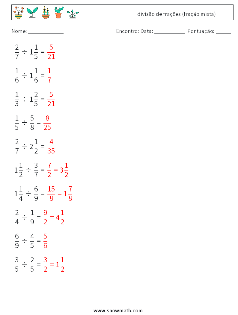 (10) divisão de frações (fração mista) planilhas matemáticas 15 Pergunta, Resposta