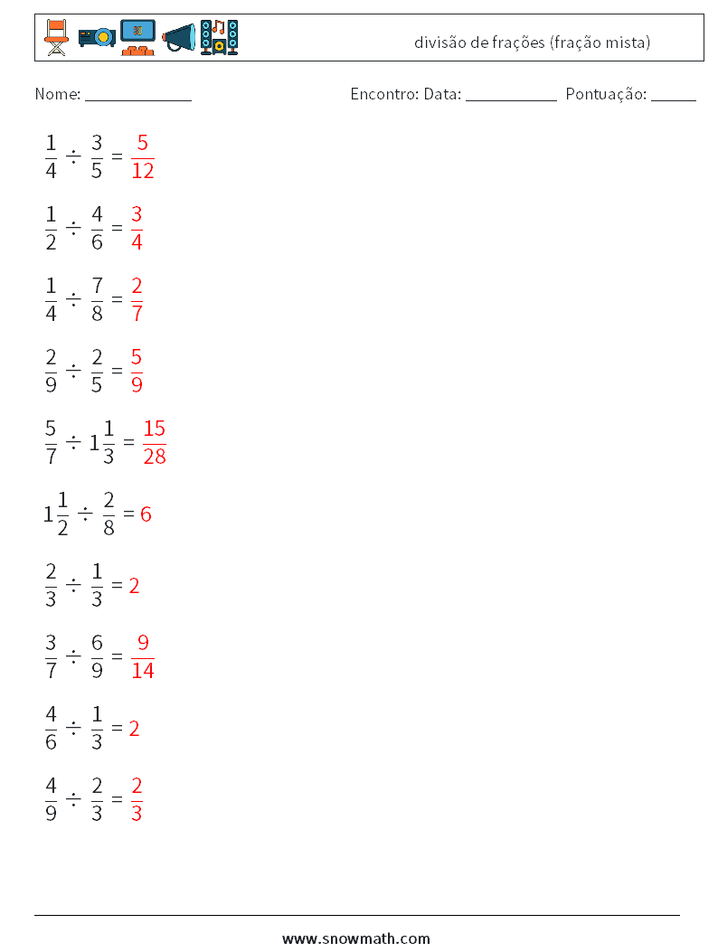 (10) divisão de frações (fração mista) planilhas matemáticas 16 Pergunta, Resposta