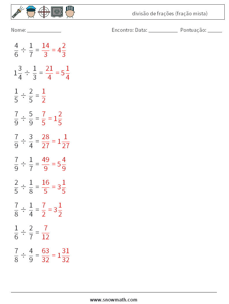 (10) divisão de frações (fração mista) planilhas matemáticas 17 Pergunta, Resposta
