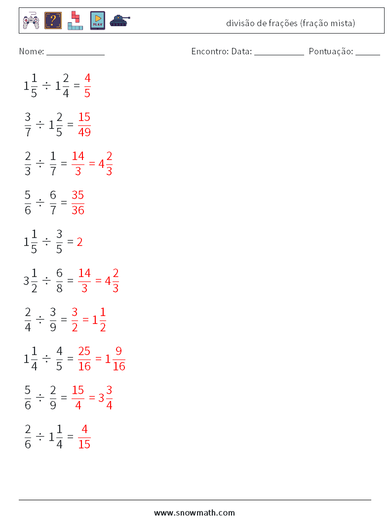 (10) divisão de frações (fração mista) planilhas matemáticas 18 Pergunta, Resposta