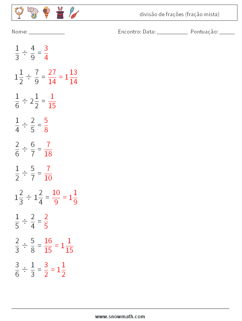 (10) divisão de frações (fração mista) planilhas matemáticas 1 Pergunta, Resposta