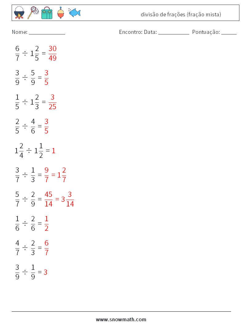 (10) divisão de frações (fração mista) planilhas matemáticas 2 Pergunta, Resposta