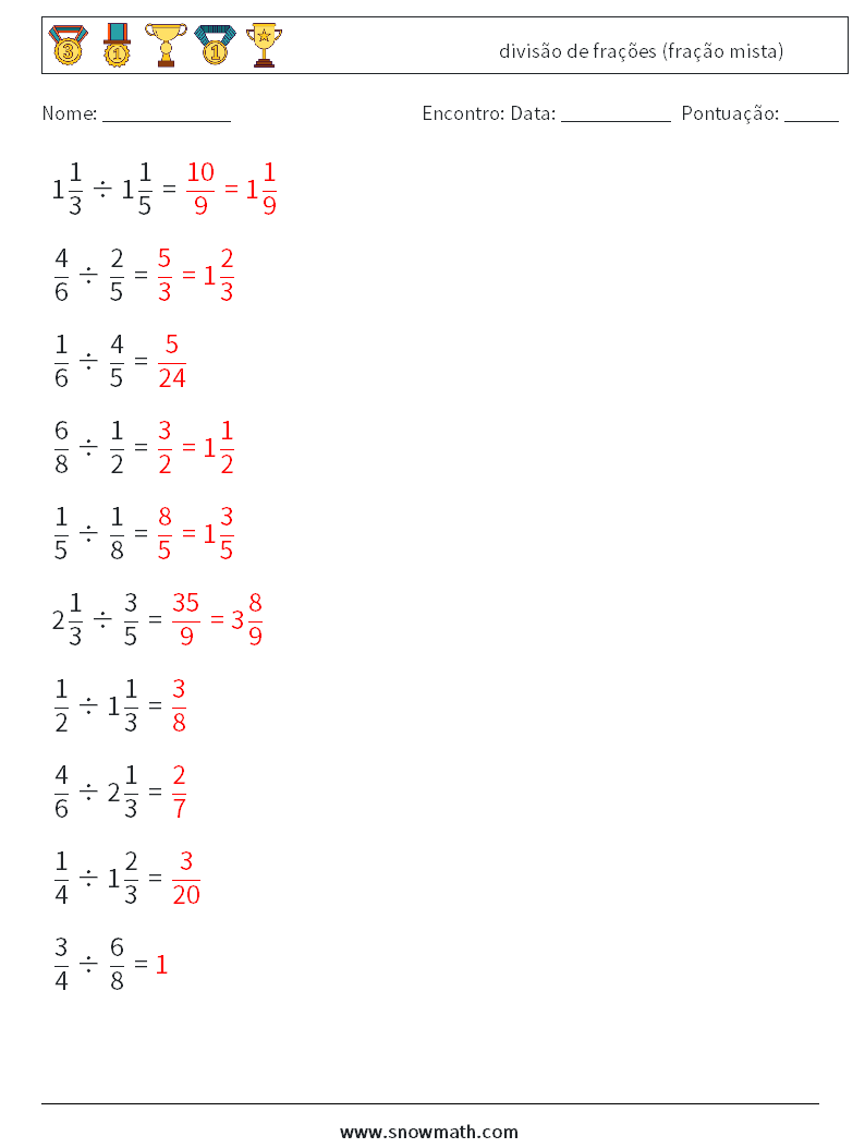 (10) divisão de frações (fração mista) planilhas matemáticas 4 Pergunta, Resposta