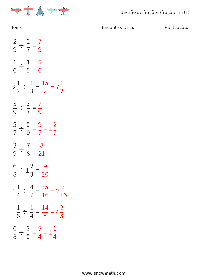 (10) divisão de frações (fração mista) planilhas matemáticas 5 Pergunta, Resposta