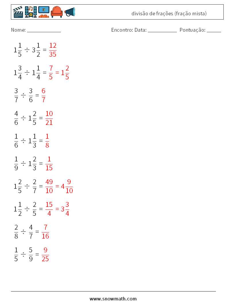 (10) divisão de frações (fração mista) planilhas matemáticas 6 Pergunta, Resposta