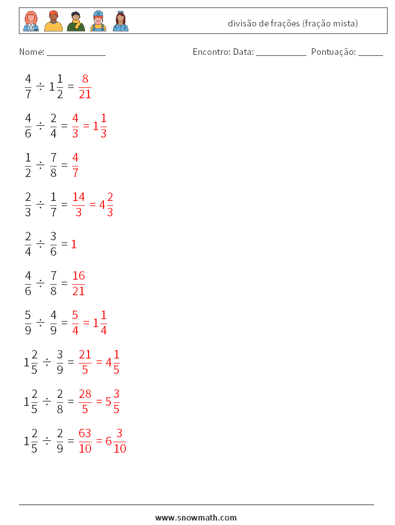 (10) divisão de frações (fração mista) planilhas matemáticas 7 Pergunta, Resposta