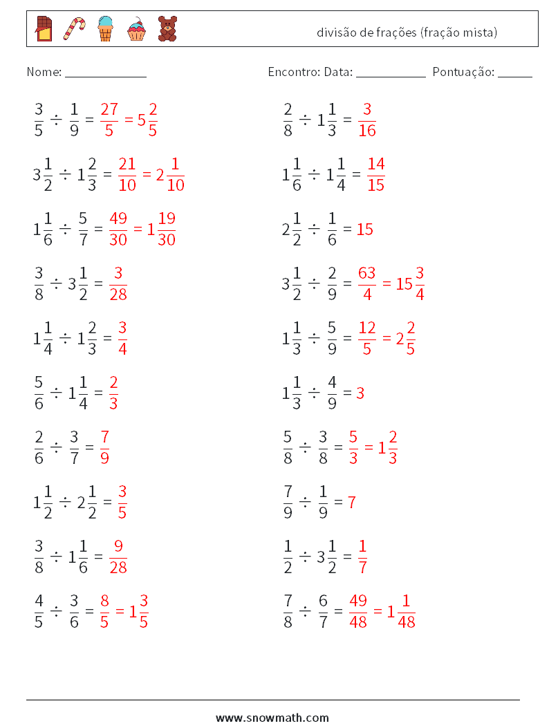 (20) divisão de frações (fração mista) planilhas matemáticas 10 Pergunta, Resposta