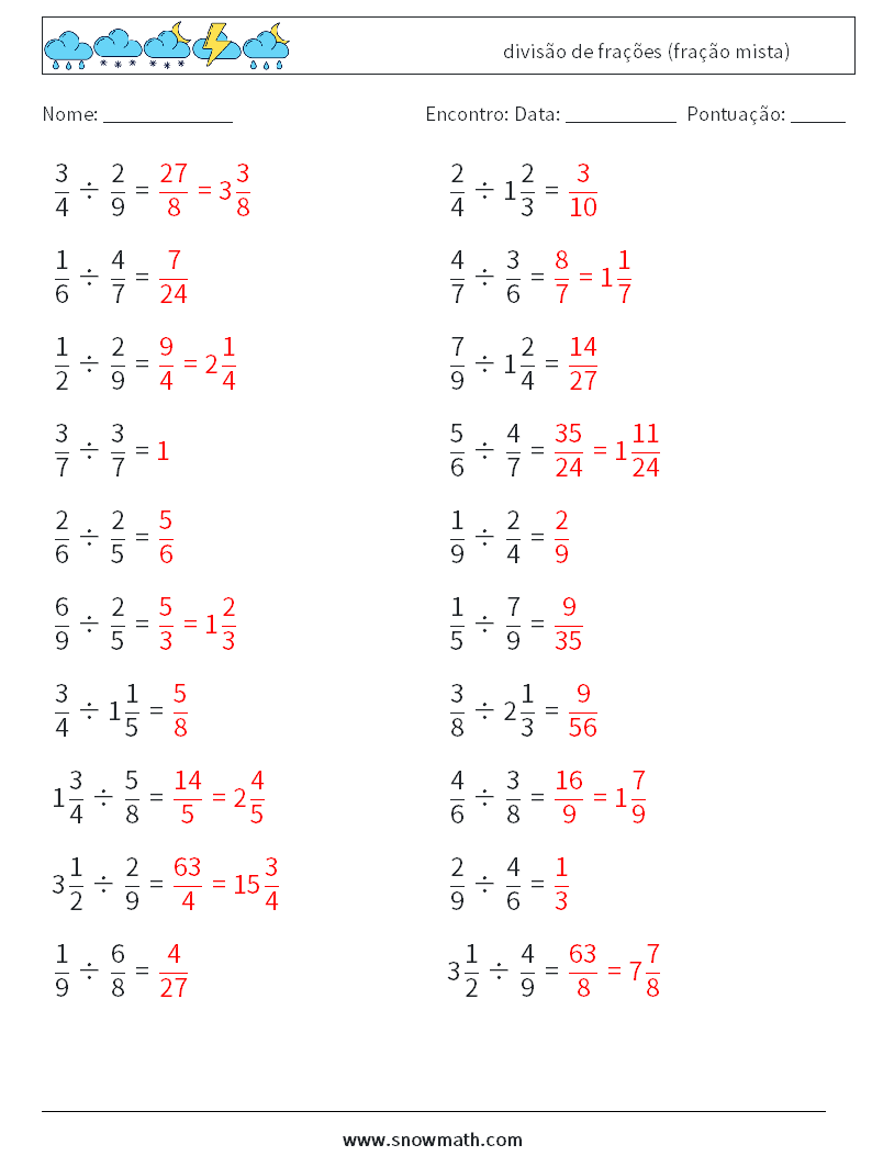 (20) divisão de frações (fração mista) planilhas matemáticas 12 Pergunta, Resposta