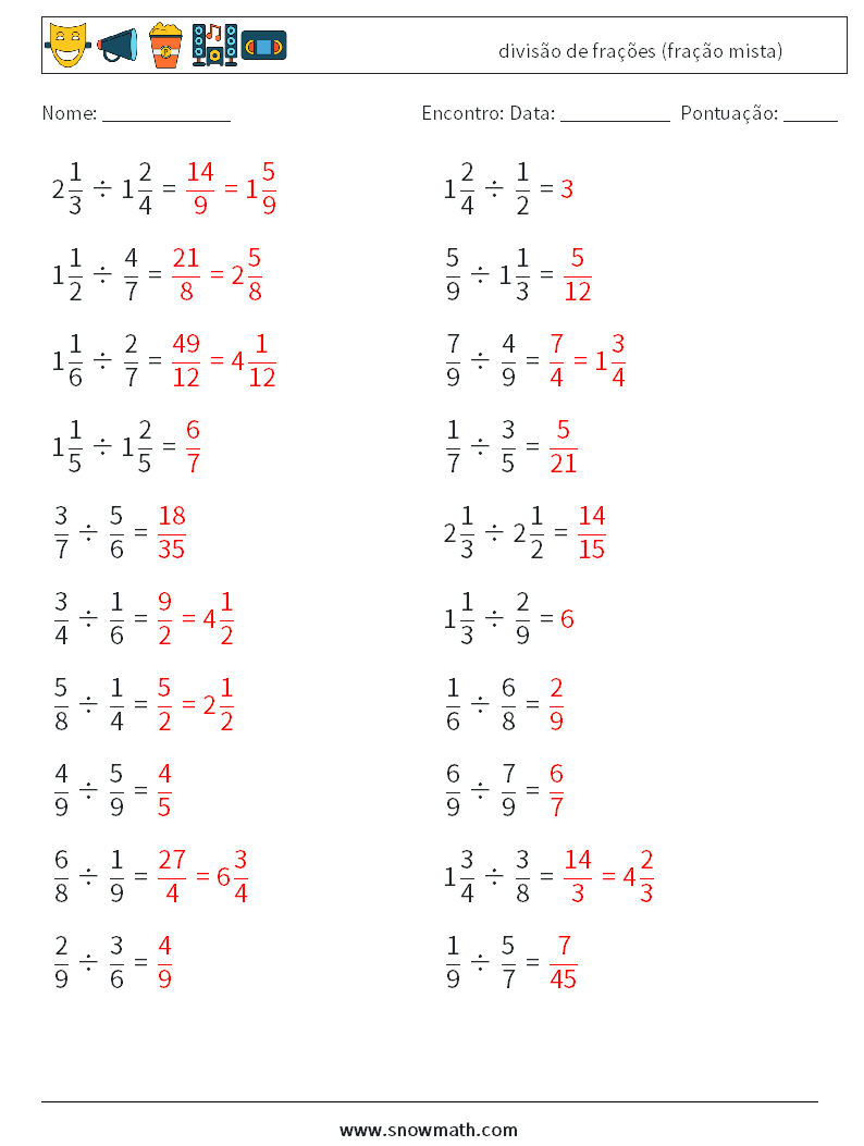 (20) divisão de frações (fração mista) planilhas matemáticas 13 Pergunta, Resposta