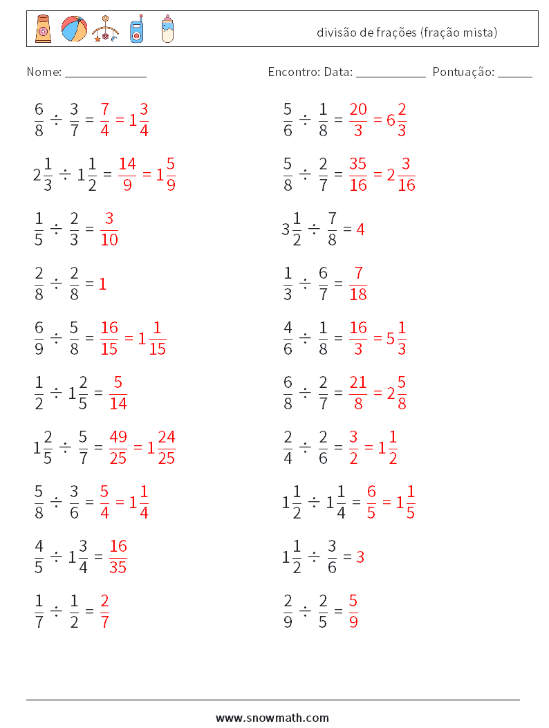 (20) divisão de frações (fração mista) planilhas matemáticas 14 Pergunta, Resposta