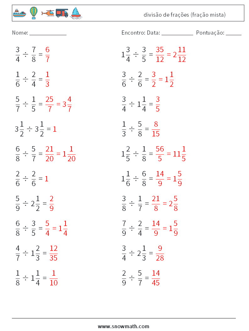 (20) divisão de frações (fração mista) planilhas matemáticas 16 Pergunta, Resposta