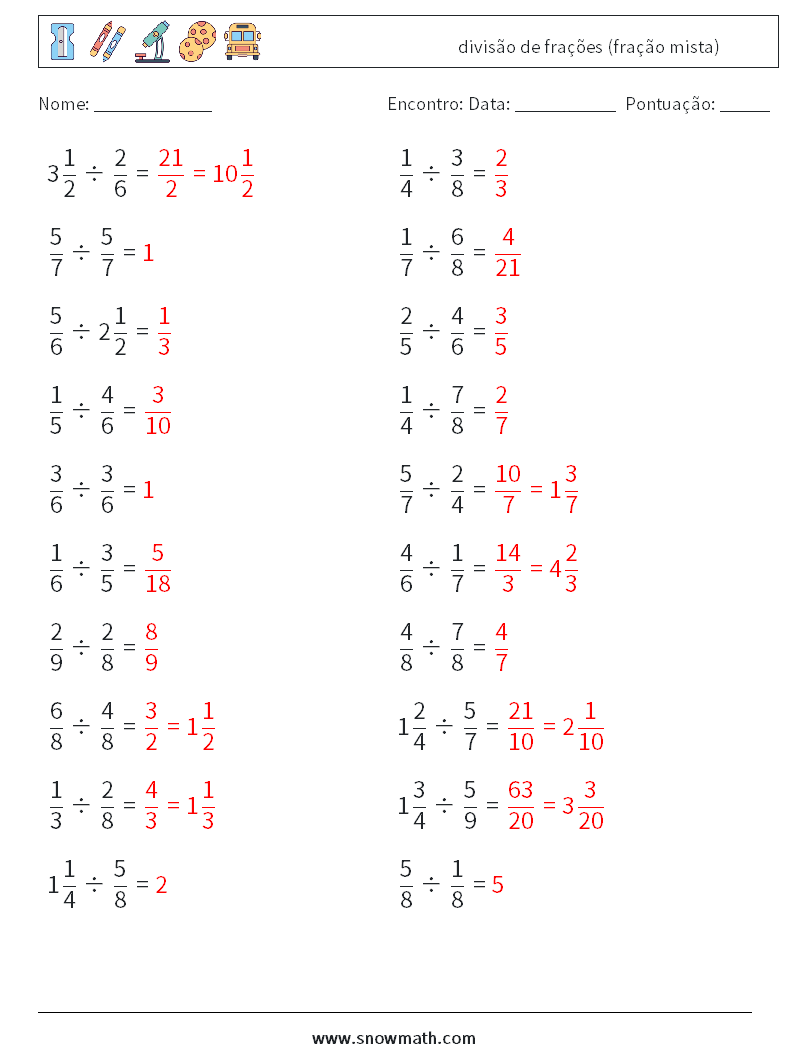 (20) divisão de frações (fração mista) planilhas matemáticas 17 Pergunta, Resposta